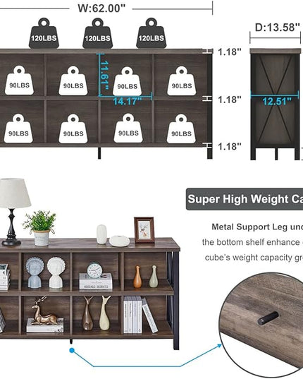FATORRI 8 Cube Storage Organizer Bookshelf, Rustic Wood Cubby Bookcase, Industrial Horizontal Long Shelf for Living Room (Walnut Brown, 62 Inch) - LeafyLoom