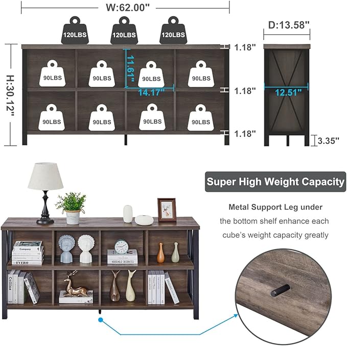FATORRI 8 Cube Storage Organizer Bookshelf, Rustic Wood Cubby Bookcase, Industrial Horizontal Long Shelf for Living Room (Walnut Brown, 62 Inch) - LeafyLoom