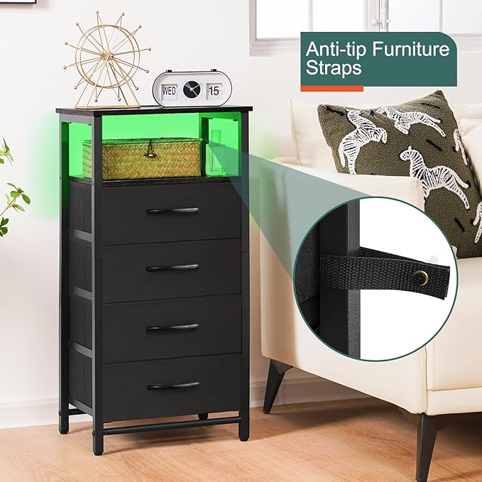 Yoobure LED Nightstand with Charging Station, Tall Dressers for Bedroom, Black Night Stand with 4 Storage Drawers, Bedside Table for Closet, Fabric Side Table, End Table in Living Room - LeafyLoom