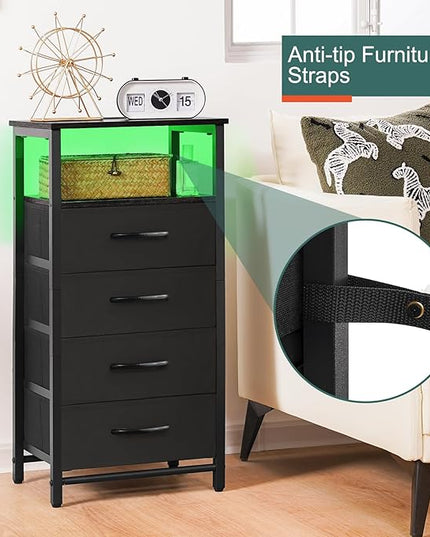 Yoobure Night Stand - LED Black Nightstand with Charging Station, Bedside Table with 4 Storage Drawers and Storage Shelf, End Table with USB Ports and Outlets, Fabric Tall Dresser for Bedroom - LeafyLoom