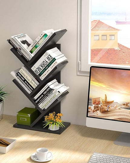 Topfurny Tree Bookshelf, 4-Tier Book Storage Organizer Shelves Floor Standing Bookcase, Wood Storage Rack for Office Home School Shelf Display for Cd/Magazine/Book -Black - LeafyLoom