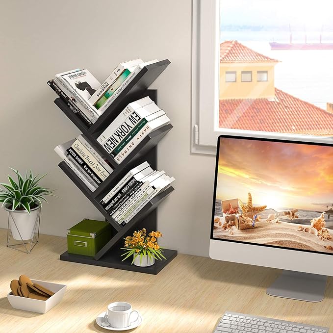 Topfurny Tree Bookshelf, 4-Tier Book Storage Organizer Shelves Floor Standing Bookcase, Wood Storage Rack for Office Home School Shelf Display for Cd/Magazine/Book -Black - LeafyLoom