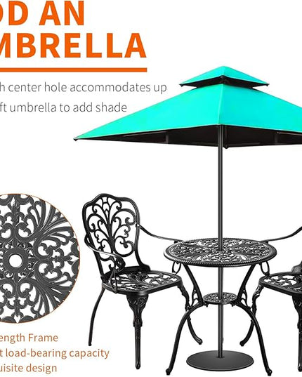 Bistro Table and Chairs Set of 2 Outdoor 3 Piece Bistro Sets Cast Aluminum Patio Bistro Set with Umbrella Hole, Patio Set for Garden, Black - LeafyLoom
