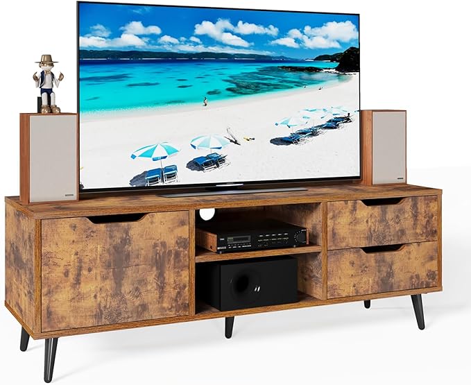 Maxtown TV Stands for Living Room, TV Console Table for 55 Inch TV, Entertainment Center with 1 Cabinet, 2 drawers, Media Console with Metal Feet for Bedroom, Living Room, Rustic Brown - LeafyLoom