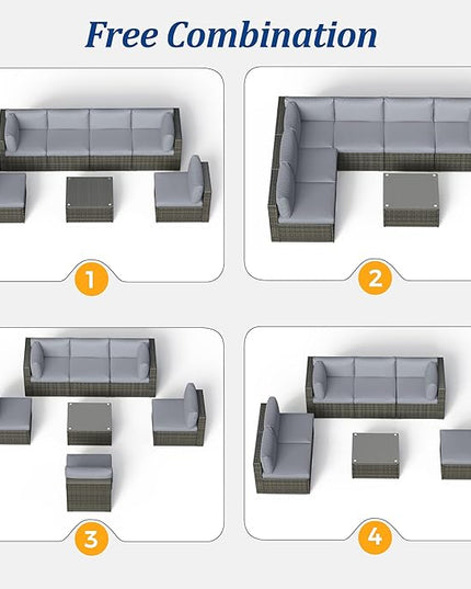 SUNVIVI OUTDOOR 7 Piece Patio Furniture Sets All Weather Gery PE Wicker Couch Sofa with Glass Table, Removable Grey Cushions - LeafyLoom