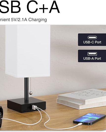 Nightstand Lamps Set of 2 - White, USB A and USB C Charging, Pull Chain Control, Bulb NOT Included, Small - LeafyLoom