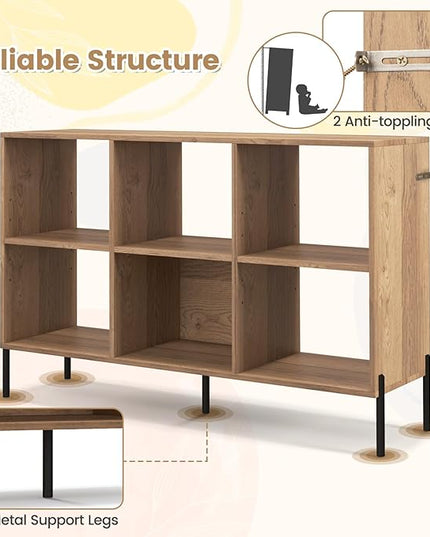 LOKO 6 Cube Bookcase, 3-Tier Floor Open Bookshelf with 5 Metal Legs, Cube Storage Organizer with Adjustable Shelves, Modern Display Shelving for Living Room, Study, Bedroom, Office (natural) - LeafyLoom