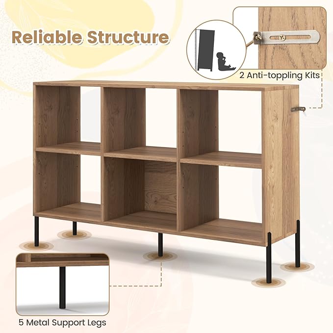 LOKO 6 Cube Bookcase, 3-Tier Floor Open Bookshelf with 5 Metal Legs, Cube Storage Organizer with Adjustable Shelves, Modern Display Shelving for Living Room, Study, Bedroom, Office (natural) - LeafyLoom