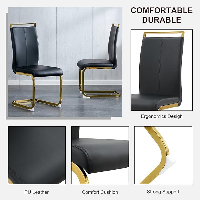 Modern Dining Chairs Set of 4,High Back Black Kitchen Chairs,Faux Leather Side Chair with Gold Plated Metal Legs,Easy to Clean Upholstered Dining Chairs,Ideal for Living Room(Gold Leg) - LeafyLoom