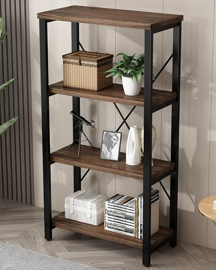 4 Tier Bookshelf, Solid Wood Bookcase Shelf Storage Organizer, Vintage Storage Rack with Open Shelves Rustic Standing Bookshelves for Living Room,Bedroom Rustic Brown(AY01-4tier) - LeafyLoom