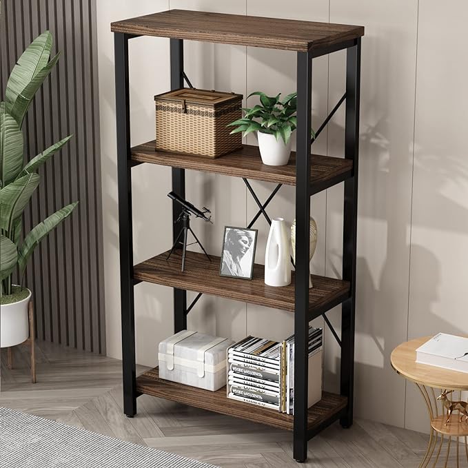 4 Tier Bookshelf, Solid Wood Bookcase Shelf Storage Organizer, Vintage Storage Rack with Open Shelves Rustic Standing Bookshelves for Living Room,Bedroom Rustic Brown(AY01-4tier) - LeafyLoom