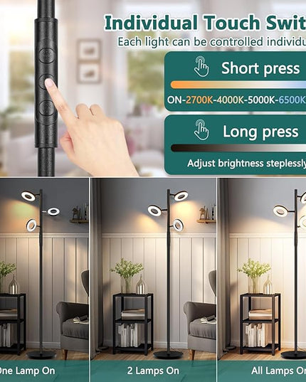 Floor Lamp, Modern Dimmable Standing Floor Lamp with Remote & Touch Control, 2700K-6500K, 3 Rotatable LED Floor Lamps for Living Room, Tall Floor Lamp for Bedroom, Office - LeafyLoom