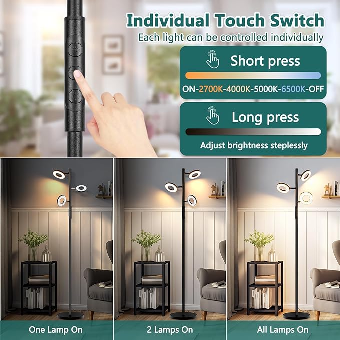 Floor Lamp, Modern Dimmable Standing Floor Lamp with Remote & Touch Control, 2700K-6500K, 3 Rotatable LED Floor Lamps for Living Room, Tall Floor Lamp for Bedroom, Office - LeafyLoom