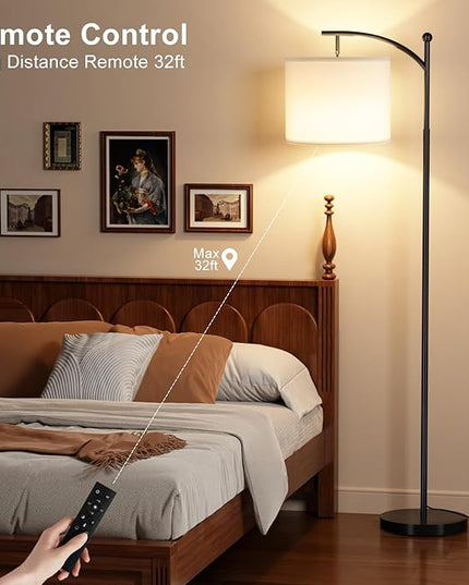 Ambimall Floor Lamp with Remote Control and Stepless Dimmable Bulb, Colors Temperature & Brightness Adjustable, Modern Floor Lamps for Living Room（White Shade & Black Pole） - LeafyLoom