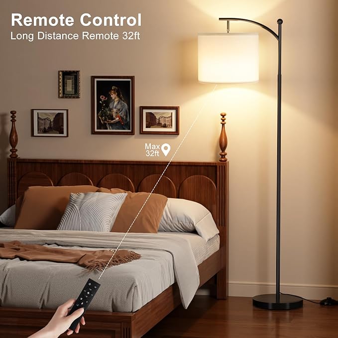 Ambimall Floor Lamp with Remote Control and Stepless Dimmable Bulb, Colors Temperature & Brightness Adjustable, Modern Floor Lamps for Living Room（White Shade & Black Pole） - LeafyLoom
