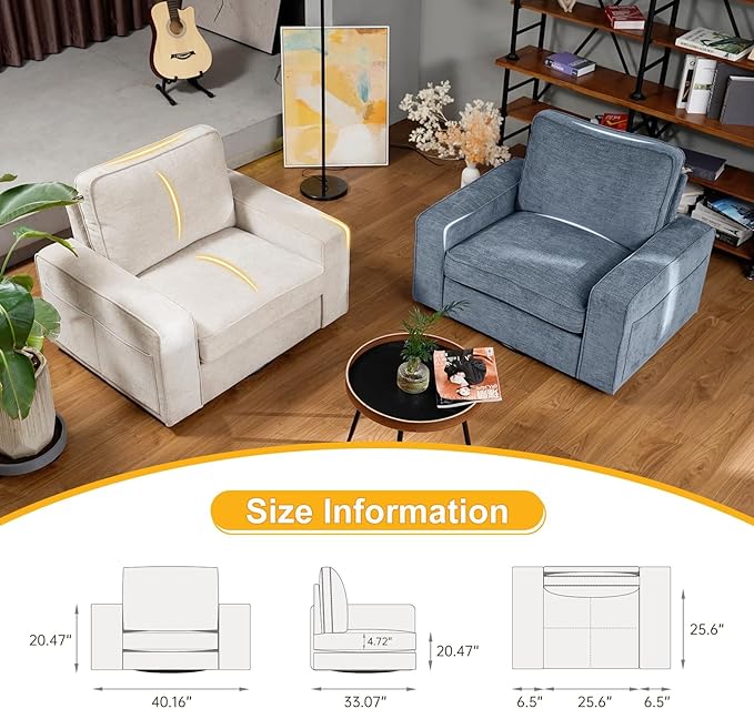 EASELAND Oversized Accent Chair, Reading Chair with Upholstered Chenille Fabric, Sofa Chair with Armrest, Single Sofa Chair for Living Room, Swivel Chair with Wooden Legs, Comfy Chair for Small Spaces - LeafyLoom