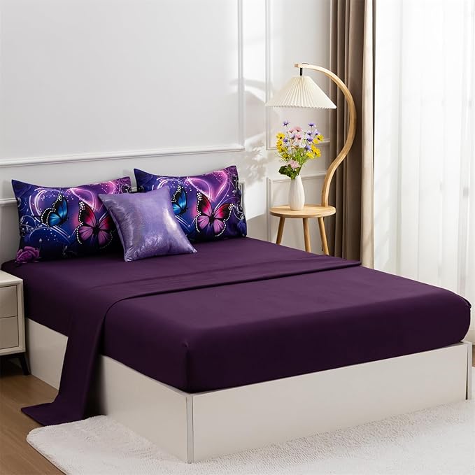 A Nice Night Galaxy 6pcs Bed in A Bag Purple and Blue Dreamy 3D Butterfly Printed, Butterflies Bedding Twin Comforter Set, for Girls Kids Teens - LeafyLoom