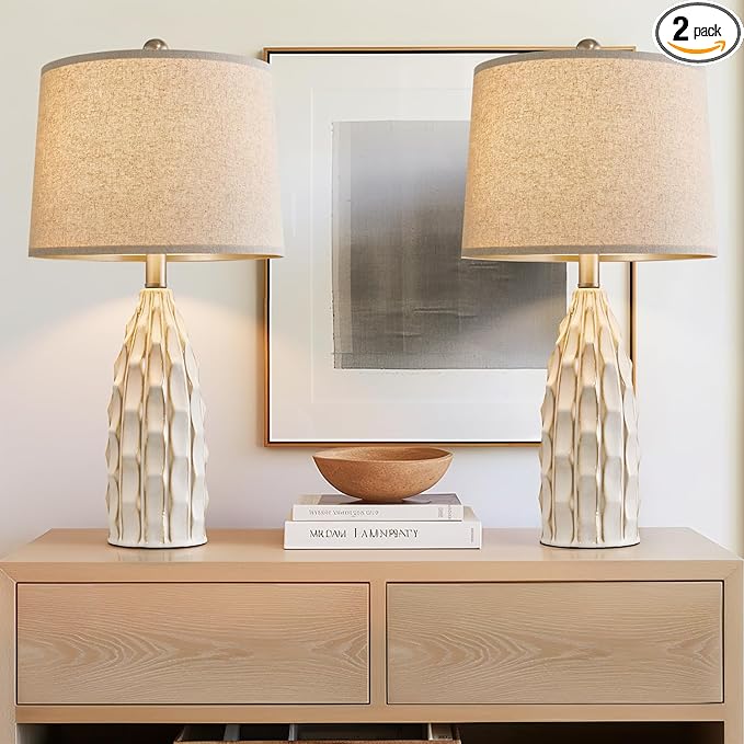23.75 inch Modern Ceramic Lamps Set of 2 for Living Room Study Room Office Dorm Farmhouse Nightstand, End Table Lamps - LeafyLoom