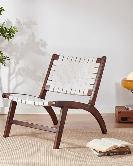 Beech Modern Leather Accent Chairs for Living Room,Mid Century Lounge Chair,Side Brown Leather Chair Indoor Boho Scandinavian Cognac Woven Rattan Faux Leather Accent Chair - LeafyLoom
