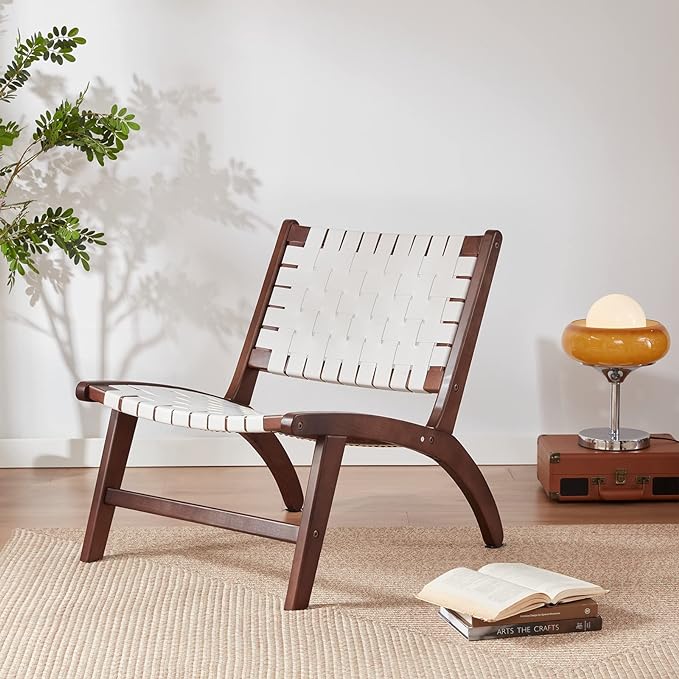 Beech Modern Leather Accent Chairs for Living Room,Mid Century Lounge Chair,Side Brown Leather Chair Indoor Boho Scandinavian Cognac Woven Rattan Faux Leather Accent Chair - LeafyLoom