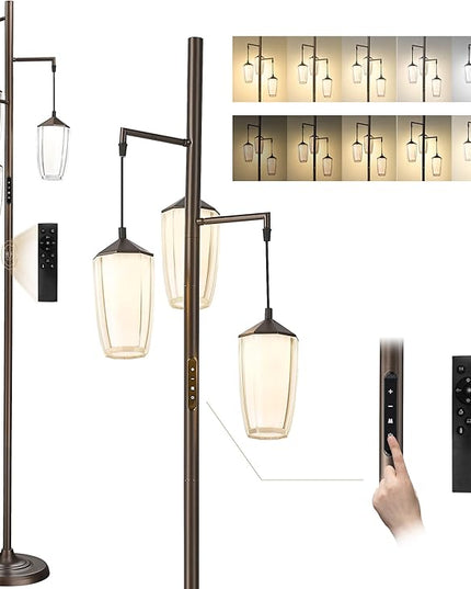 ELYONA Rustic Dimmable Floor Lamp for Bedroom, 24W LED Reading Light Remote & Touch Control, Stepless Adjustable 2200K-6500K Colors & Brightness, 3-Light Standing Lamp for Living Room Office, Bronze - LeafyLoom