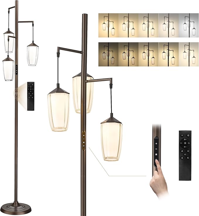 ELYONA Rustic Dimmable Floor Lamp for Bedroom, 24W LED Reading Light Remote & Touch Control, Stepless Adjustable 2200K-6500K Colors & Brightness, 3-Light Standing Lamp for Living Room Office, Bronze - LeafyLoom