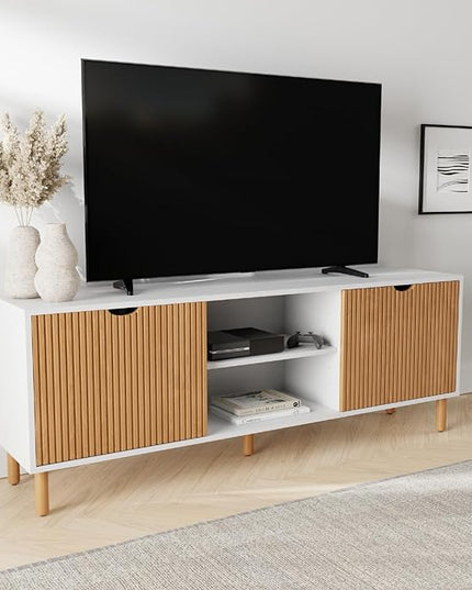 Contemporary Fluted TV Stand - Media Console - 70” Entertainment Center Console Table with Storage for Living Room - Fits 32 to 80" TVs (White and Oak) - LeafyLoom