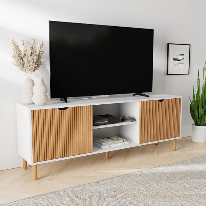 Contemporary Fluted TV Stand - Media Console - 70” Entertainment Center Console Table with Storage for Living Room - Fits 32 to 80" TVs (White and Oak) - LeafyLoom