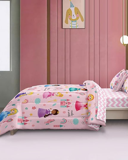 Kids Magical Princess Comforter Set Bed in a Bag Twin Size- 5 Piece Soft Cute Castle Bedding Set for Girls (1 Comforter, 1 Flat Sheet, 1 Fitted Sheet, 2 Pillowcases), Pink - LeafyLoom