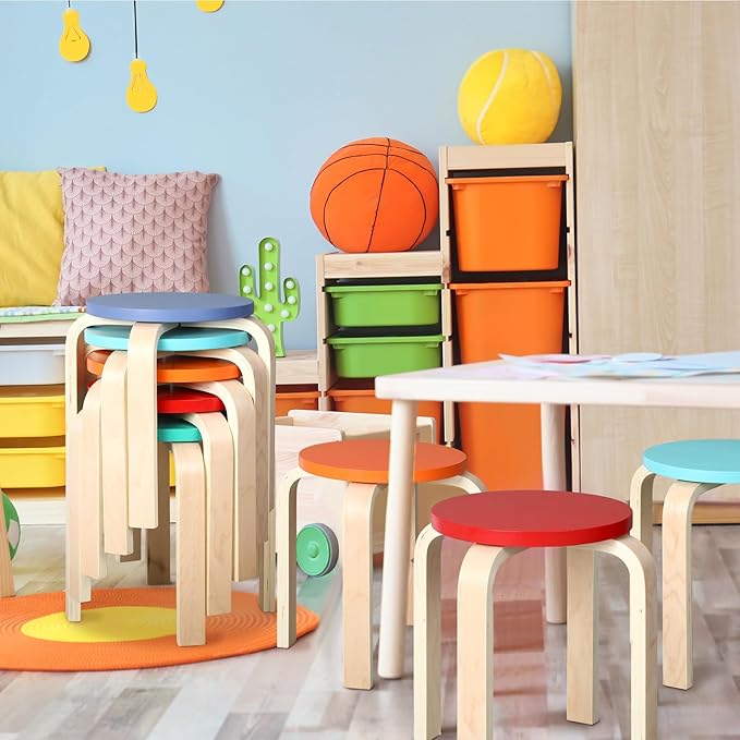 12 Inch Bentwood Stacking Stool for Kids Colored Durable Round Nesting Stool Flexible Wood Stackable Stool Chairs for Playroom Daycare Home Classroom(Colorful,8 Pcs) - LeafyLoom