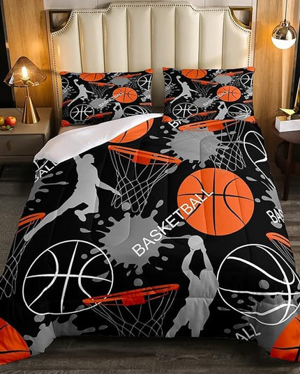 Basketball Bedding Set Tie Dye Down Comforter Passionate Sports Games Comforter Set for Kids Boys Man Jumping Up Shooting Action Quilt Set with 1 Comforter and 2 Pillow Cases King Size Orange Black - LeafyLoom