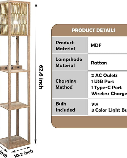 Fovara - Boho Floor Lamp with Rattan Shade - Shelves Floor Lamps for Living Room - Bohemian Light with Natural Wood Shelf - Decoration for Bedrooms with Charging Base, USB Port, and Power Socket - LeafyLoom