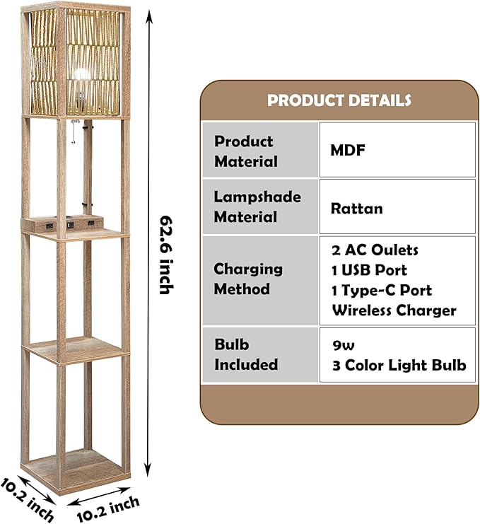 Fovara - Boho Floor Lamp with Rattan Shade - Shelves Floor Lamps for Living Room - Bohemian Light with Natural Wood Shelf - Decoration for Bedrooms with Charging Base, USB Port, and Power Socket - LeafyLoom