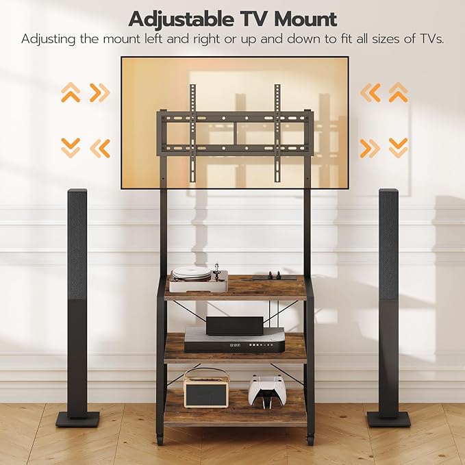 HOOBRO Rolling TV Stand with Mount and Power Outlet Up to 55 inch TV, Corner Entertainment Center, Small TV Stand with 3-Tier Storage Shelves for Living Room, Bedroom, Rustic Brown and Black BF66UDS01 - LeafyLoom