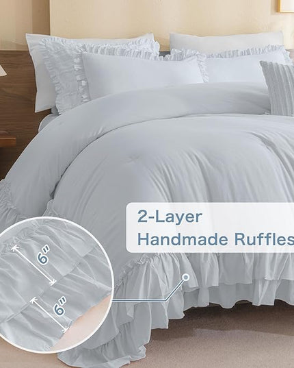 Shabby Ruffled King Comforter Set,Farmhouse Cornflower Blue Bedding Comforter Lightweight Ultra Soft Vintage Rustic Bedding 3pc (1 Ruffle Comforter and 2 Pillowcases) - LeafyLoom