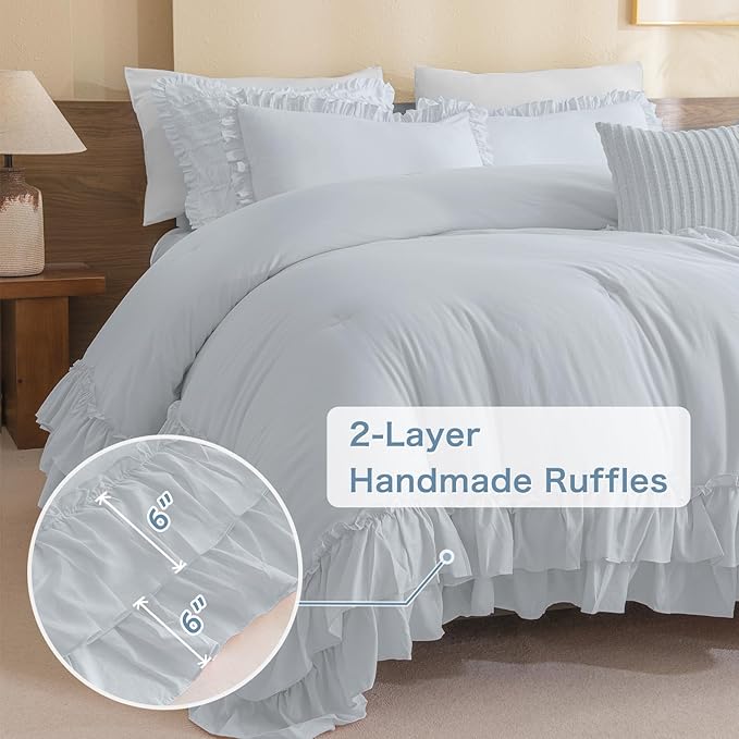 Shabby Ruffled King Comforter Set,Farmhouse Cornflower Blue Bedding Comforter Lightweight Ultra Soft Vintage Rustic Bedding 3pc (1 Ruffle Comforter and 2 Pillowcases) - LeafyLoom