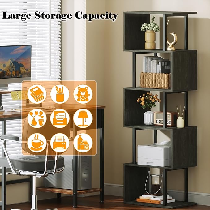 Furologee 6 Tier Bookshelf Tall Geometric Bookcase, S-Shaped Industrial Display Standing Shelf, Metal and Wood Decorative Storage Room Divider Shelves for Bedroom, Living Room, Office, Light Black Oak - LeafyLoom