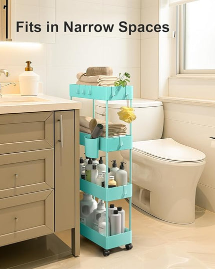 Pipishell Slim Storage Cart with Wheels, 4 Tier Bathroom Storage Organizer Rolling Utility Cart for Bathroom Kitchen Laundry Room Office Narrow Place (Turquoise) - LeafyLoom