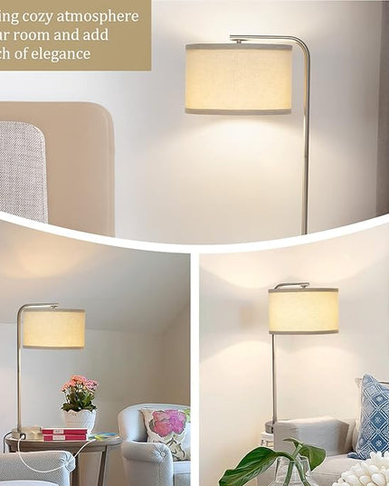 Table Lamp for Living Room, Modern Bedside Lamp with Dual USB Ports, Fully Dimmable Nightstand Lamp with Beige Drum Shade, Silver Finish Side Table Lamp for Bedroom Office, 3000K LED Bulb Included - LeafyLoom