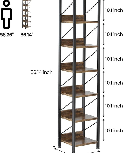 IDEALHOUSE Narrow Bookshelf Tall Skinny Bookcase 6 Tier Storage Rack Rustic Corner Shelf Metal Frame Small Freestanding Bookshelves Industrial Display Stand for Bedroom, Living Room, Home Office - LeafyLoom
