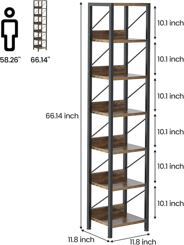 IDEALHOUSE Narrow Bookshelf Tall Skinny Bookcase 6 Tier Storage Rack Rustic Corner Shelf Metal Frame Small Freestanding Bookshelves Industrial Display Stand for Bedroom, Living Room, Home Office - LeafyLoom