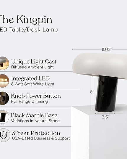 Brightech Kingpin Desk Lamp - Small LED Table Lamp for Bedroom, Office - Modern Bedside and Side Table Lamp with Marble Base, Metal Dome Shade - Dimmable Reading Lamp for Living Room and Dorm - Black - LeafyLoom