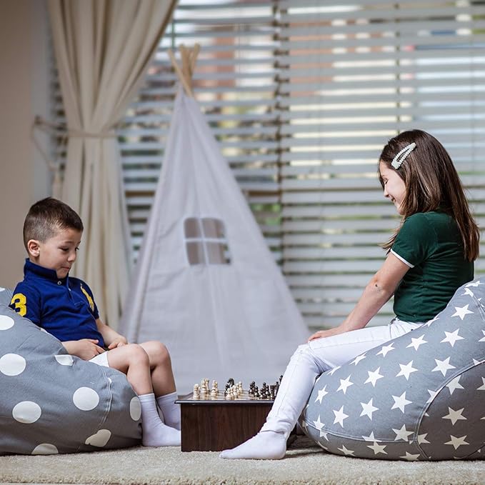 Wekapo Stuffed Animal Storage Bean Bag Chair Cover for Kids | Stuffable Zipper Beanbag for Organizing Children Plush Toys Large Premium Cotton Canvas (Grey star, X-Large) - LeafyLoom