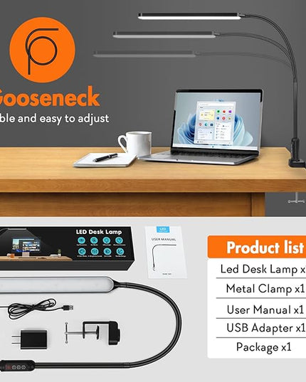 LED Desk Lamp with Clamp, Super Bright Desk Light with 11 Brightness, 5 Color Modes, Flexible Gooseneck Clip on Table Light, Eye-Caring Architect Task Desk Lamps for Home Office Study Reading - LeafyLoom