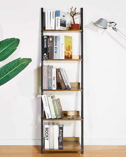HYNAWIN 5 Tier Ladder Shelf-Wood & Metal Bookcase,Wall Mount Bookshelf Standing Unit,Multipurpose Plant Stand for Livingroom,Kitchen,Space Saving Display Rack,Industrial Accent Furniture - LeafyLoom