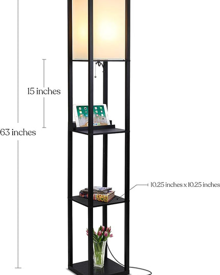 Brightech Maxwell – Modern Shelf Floor Lamp with USB Ports, Wireless Charging & Outlet – Versatile Corner Display and Lamp with Shelves, Storage Solution for Living Room, Office, Bedroom – Black - LeafyLoom