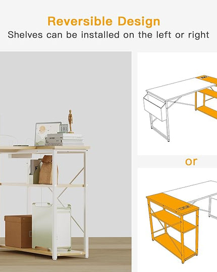 L Shaped Computer Desk with Power Outlets, 47 Inch Gaming Desk, Small Desk Corner Desk with Reversible Shelves, Study Desk Writing Desk for Home Office Bedroom, Work from Home, Beige - LeafyLoom