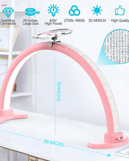 Large Half Moon LED Light for Table Nail Desk Lamp, Upgrade Arch Light for Nail Techs with Phone Stand Perfect for Nails Tech Manicure (Pink) - LeafyLoom