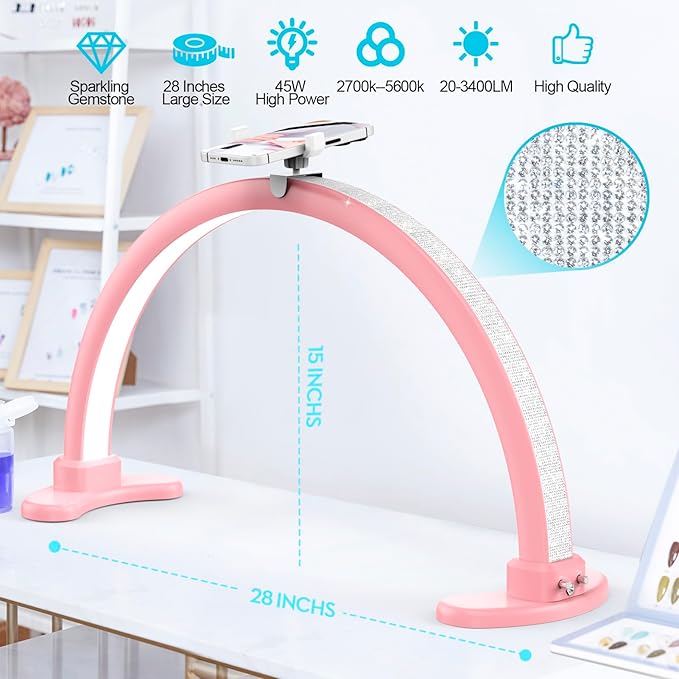 Large Half Moon LED Light for Table Nail Desk Lamp, Upgrade Arch Light for Nail Techs with Phone Stand Perfect for Nails Tech Manicure (Pink) - LeafyLoom