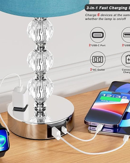 Acaxin Bedside Lamps for Bedrooms Set of 2 Nightstand- Crystal Table Lamp with USB C+A Ports & AC Outlet for Charging, 3 Way Dimmable Touch Silver Small Bed Side Table Lamp for Living Room - LeafyLoom